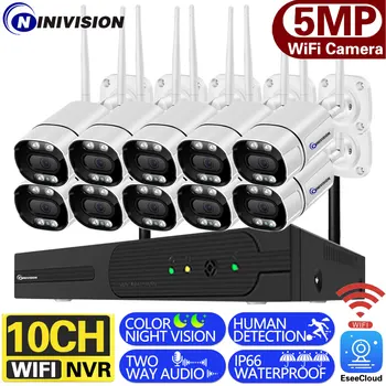10-Канальная 5-Мегапиксельная Беспроводная Система Видеонаблюдения 8-Канальный P2P NVR Двухсторонний Аудио Цветной Ночного Видения WIFI IP-Камера-Пуля
