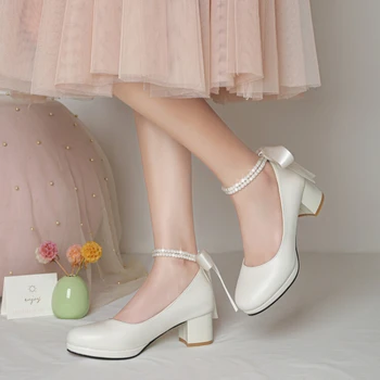 2023 Детские Туфли на высоком каблуке для девочек; Кожаные туфли высотой 5 см; Вечерние и свадебные туфли Принцессы, Расшитые бисером; Детские туфли на шнуровке с лентой на каблуке