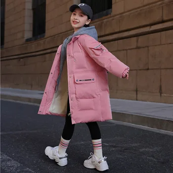 2023 Новый зимний детский пуховик для девочек, розовое модное длинное пальто на утином пуху для девочек, водонепроницаемое и противообрастающее теплое толстое пальто