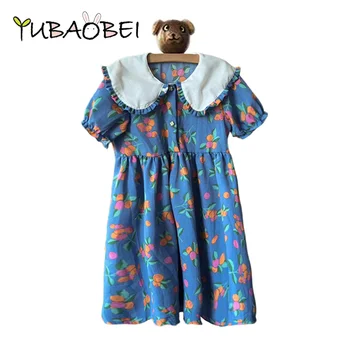 YUBAOBEI Корейское Милое платье принцессы, Детские платья с цветочным рисунком, Школьная повседневная одежда, Летнее Хлопковое пляжное платье синего цвета с принтом для девочек
