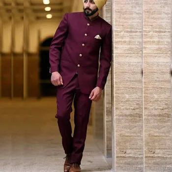 Бордовый, Индийский, мужские костюмы, блейзер, однобортный, со стоячим лацканом, приталенный деловой костюм, куртка, брюки из 2 предметов, роскошный Terno