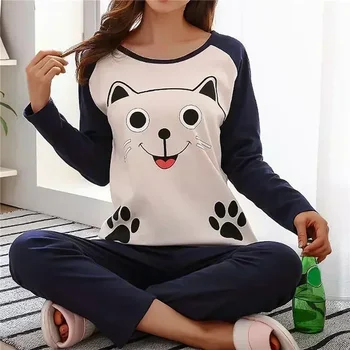 весенне-осенний пижамный комплект с милым мультяшным котом, женская пижама-двойка с длинным рукавом, нижнее белье, женские пижамные комплекты