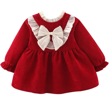 Весенняя одежда для маленьких девочек в Корейском стиле с милым бантом, Флисовая сетка с длинным рукавом, платье принцессы на день рождения на 1 год, платья для малышей BC1458-1