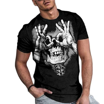 Винтажная мужская рубашка с 3D принтом черепа в стиле хоррор, летняя классическая повседневная футболка с круглым вырезом и коротким рукавом, модный свободный топ оверсайз