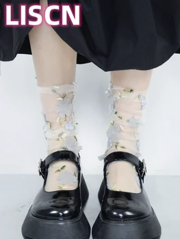 Винтажные французские стеклянные носки с цветочным рисунком, прозрачный ультратонкий летний марлевый мягкий чехол для ног для женщин, аксессуары для вечерних платьев для девочек