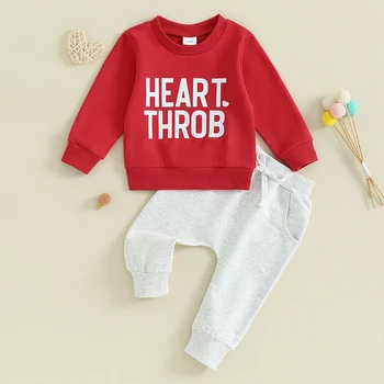 Детская одежда, 2 предмета, наряды на День Святого Валентина, пуловер с длинными рукавами и буквенным принтом для девочек и мальчиков + однотонные брюки, комплект одежды для новорожденных