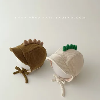Детская шапка ins в корейском стиле, детская осенне-зимняя теплая шапочка для защиты ушей, милая кружевная шапочка с динозавриком, модная шапочка-носочек для малышей