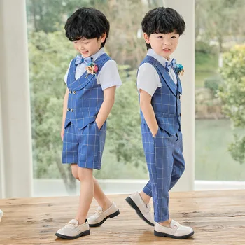 Детский весенне-летний корейский клетчатый жилет, костюм для мальчиков, платье для вечеринки на свадьбу, детский жилет, брюки с бабочкой, одежда