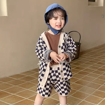Детский комплект 2023 Весна Осень Новый Шерстяной комплект в Корейскую шахматную доску в Корейском стиле, однобортный топ, Повседневные шорты, комплект из двух предметов для детей