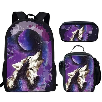 Детский рюкзак, набор школьных сумок для девочек-подростков, Сумка для книг для мальчиков, Фиолетовые школьные сумки с принтом космических звезд, Галактики и Волка, Детская школьная сумка