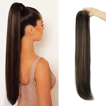 Длинный прямой конский хвост с завязками, коричневый, омбре, натуральный прямой конский хвост для женщин, синтетический конский хвост, заколка для наращивания волос