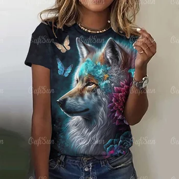 Женская футболка с животными, топы с волчьим принтом, Летние футболки с круглым вырезом и коротким рукавом, освежающая одежда, пуловер Оверсайз, женская футболка