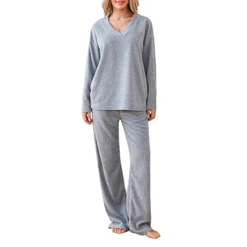 Женский пижамный комплект из 2 предметов, зимний удобный однотонный теплый костюм-двойка с V-образным вырезом, свободные топы с длинными рукавами и брюки, пижамы