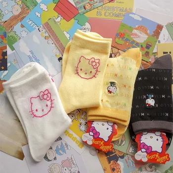 Зимние Носки Sanrio Hello Kitty для девочек с рисунком Каваи Лолиты, носки средней длины с рисунком средней длины, Хлопчатобумажные носки HelloKitty в стиле колледжа Jk Pairing