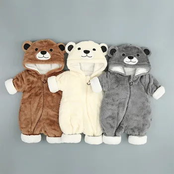 Зимний детский комбинезон для новорожденных мальчиков и девочек, толстовки с длинными рукавами, комбинезон на молнии с медведем, детский мультяшный костюм