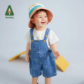 Комплекты детской одежды Amila 2023, Новая летняя футболка в полоску, комбинезон с милым рисунком, костюм-двойка для девочек, модная детская одежда