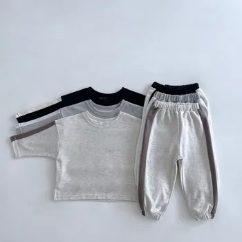 Комплекты детской одежды унисекс в корейском стиле контрастного цвета, толстовки в стиле пэчворк, костюм, пуловер с длинными рукавами, брюки, комплект из 2 предметов для девочек и мальчиков
