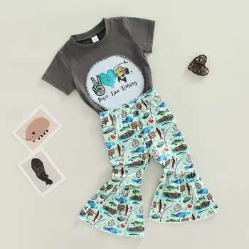 Комплекты Одежды для маленьких девочек из 2 предметов, топы с буквенным принтом, футболка с коротким рукавом и круглым вырезом + комплект расклешенных брюк с рыбьим принтом