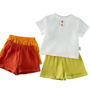 Комплекты одежды для новорожденных мальчиков и девочек, модные летние хлопчатобумажные льняные футболки и шорты для детей, костюмы для малышей, детская одежда