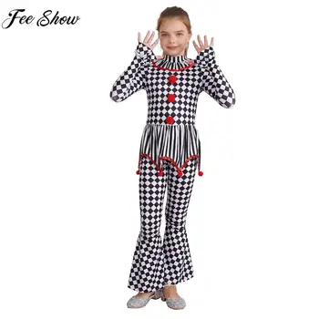 Косплей-костюм циркового клоуна для девочек от 4 до 14 лет на Хэллоуин, комбинезон на молнии с рисунком шахматной доски с длинным рукавом для карнавальной вечеринки