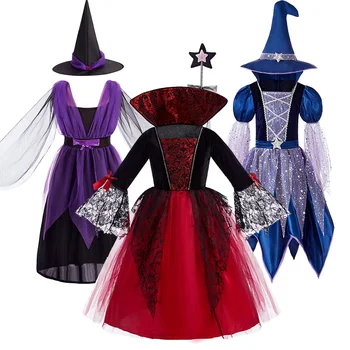Костюм принцессы для девочек, Детский Вампир на Хэллоуин, Элегантный Фантазийный Детский Косплей, Карнавальная Маскировка, Платье Ведьмы на День рождения, Шляпа