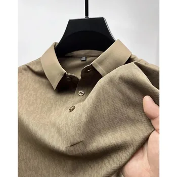 Летняя Новая высококачественная футболка из ледяного шелка с короткими рукавами, воротник мужской рубашки, летняя модная брендовая однотонная бесшовная рубашка поло M-4XL