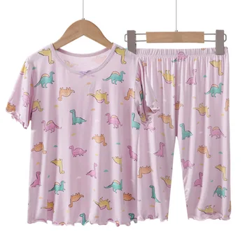 Летняя пижама для девочек от 3 до 18 лет, 95% вискоза, Розово-фиолетовые Тонкие Пижамные комплекты с мультяшным динозавром, Пижамы для домашней одежды