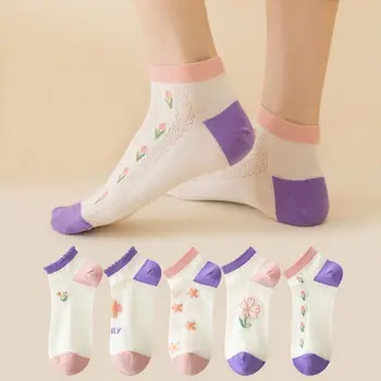 Модные женские летние носки для передней части стопы, Тонкие хлопчатобумажные спортивные носки, носки до щиколотки с цветами, тонкие дышащие мультяшные повседневные сетчатые носки-лодочки