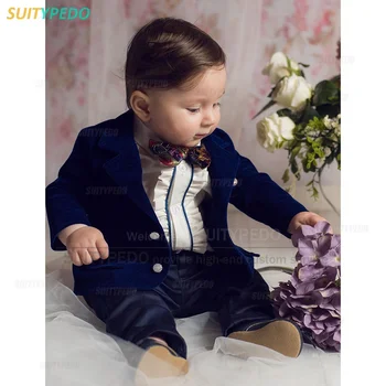 Модный темно-синий костюм для мальчика, бархатный блейзер, праздничный костюм для фотосессии на День рождения, классический пиджак и брюки, 2 предмета