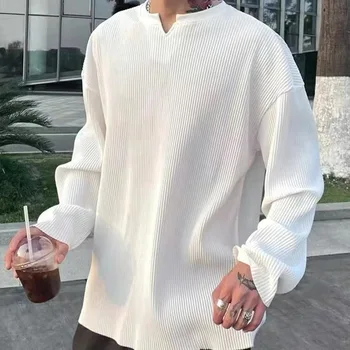 Мужская футболка с V-образным вырезом в складку и длинными рукавами, свободная базовая рубашка для спорта и фитнеса, толстовка с капюшоном для мужчин