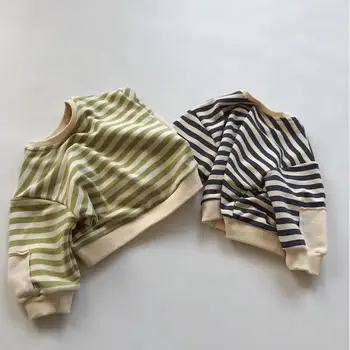 Новая детская толстовка в полоску с длинным рукавом, Хлопковый детский повседневный пуловер, осенняя футболка для мальчиков, топы с рукавами 
