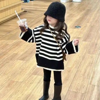 Новинка зимы 2023 года, Детская одежда в корейском стиле, утолщенный полосатый широкий свитер для девочек, Детский пуловер с круглым вырезом, свитер