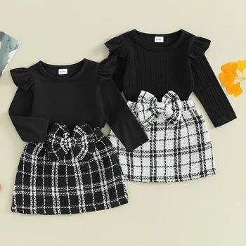 Одежда для маленьких девочек Осенние топы с длинными рукавами и круглым вырезом, комплект с юбкой в клетку и бантом, комплекты детской одежды, детские наряды