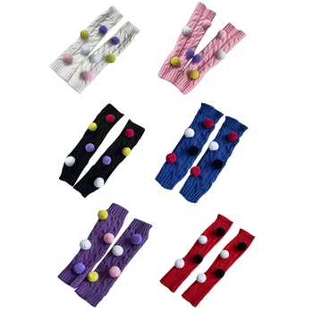 Однотонные вязаные гетры для девочек, теплые носки с цветными помпонами