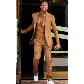 Однотонный мужской костюм, приталенные брюки из 2 предметов, однобортный блейзер с отворотом, однобортный модный воротник, подходящий для бизнеса