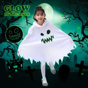 осенняя детская белая накидка с призраком, костюм для косплея на Хэллоуин, пальто с капюшоном, светящиеся в темноте блестящие мальчики девочки от 3 до 12 лет