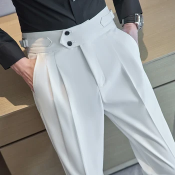 Осень 2023, высококачественные деловые Повседневные брюки с высокой талией, мужские однотонные официальные брюки, мужской официальный офисный социальный костюм, одежда L45