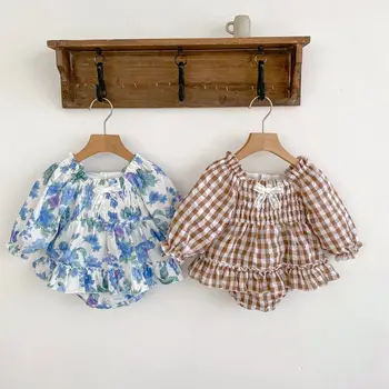 Осень 2023 года, Боди с цветочным рисунком для новорожденных Девочек, Цельная одежда в клетку с принцессой, Хлопковое платье-комбинезон для маленьких девочек