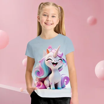 Очень интересная футболка с единорогом, подходящая для милых девочек 4-12 лет, модная и повседневная осенняя верхняя одежда с длинными рукавами