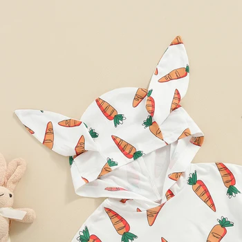 Пасхальный комбинезон для маленьких мальчиков и девочек с морковным принтом и заячьими ушками, комбинезон с капюшоном, толстовка с коротким рукавом, футболка с кроликом, боди