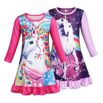 Пижамный комплект из двух предметов для девочек Jurebecia, детская ночная рубашка с единорогом, платье с длинными рукавами и принтом, детская одежда
