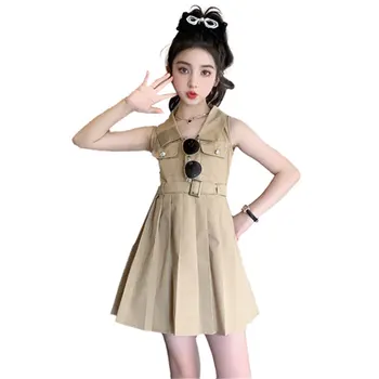 Платья для девочек, подростковая праздничная одежда цвета хаки во французском стиле, летнее детское плиссированное платье без рукавов с высокой талией для девочек 5-14 лет