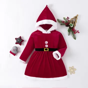 Рождественские платья с капюшоном для маленьких девочек, Зимнее Красное платье принцессы для Рождественской вечеринки, Детское Рождественское праздничное платье