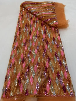 Роскошная Африканская кружевная ткань с блестками, расшитая бисером 2023, высококачественная свадебная вышивка для жениха в Нигерийском стиле, французский тюль для шитья PL325-4