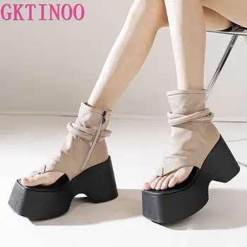 Роскошные женские ботильоны GKTINOO с откидной спинкой 11 см, женские сандалии-лодочки из натуральной кожи, летняя модная обувь на платформе и танкетке