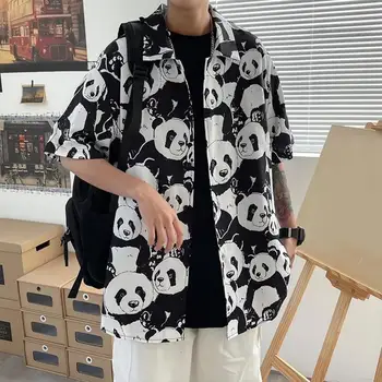 Рубашка с длинным рукавом с лацканами, мужская летняя рубашка с принтом панды, повседневная уличная одежда свободного покроя, модная футболка с короткими рукавами