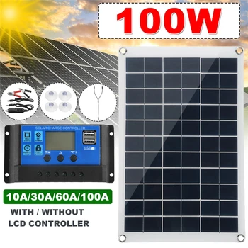 Солнечная панель мощностью 100 Вт 18 В Водонепроницаемая Солнечная пластина Портативное зарядное устройство постоянного тока с двумя USB-батареями Для зарядки солнечных элементов на открытом воздухе в кемпинге
