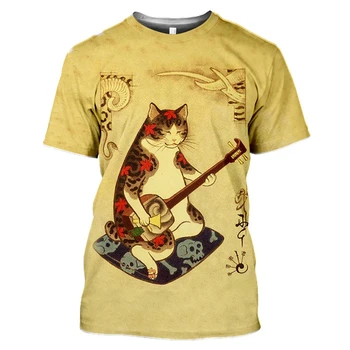 Футболка с татуировкой кота японского самурая с 3D-принтом, мужская футболка с принтом, летняя забавная повседневная свободная футболка