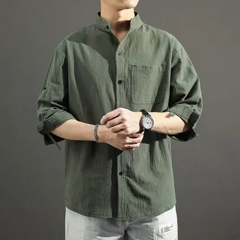Хлопковые льняные блузки Оверсайз с воротником-стойкой, повседневная рубашка с длинным рукавом в стиле Харадзюку
