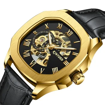 Часы от ведущих брендов, Модные кожаные часы со скелетом, повседневные мужские автоматические механические мужские спортивные часы Reno Masculino